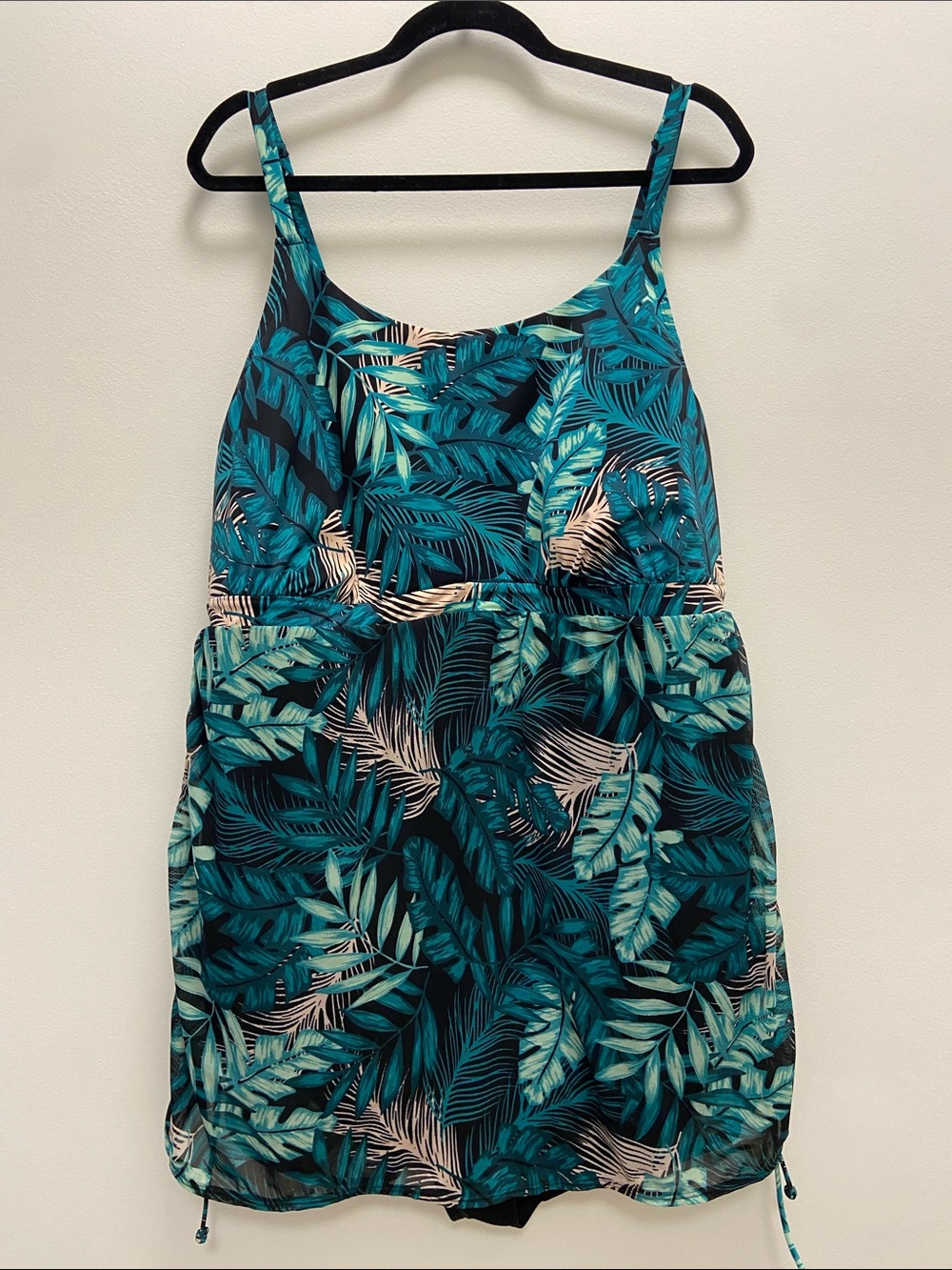 Cacique Plus Size Desert Palms Teal Black Cream Tummy Control Swim Dress 3736